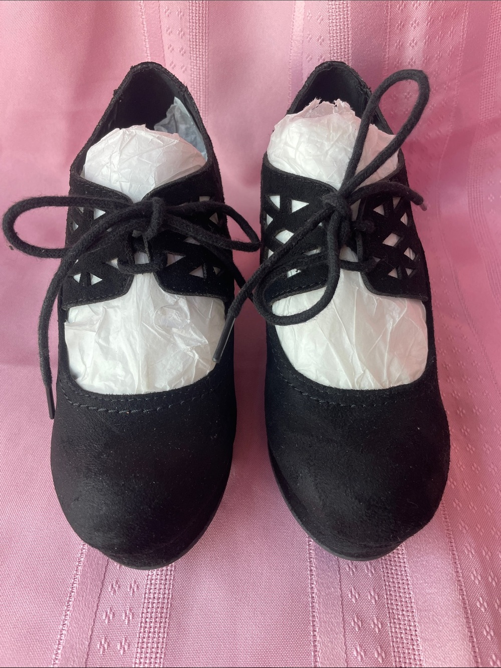 Girls Black Lace-Up Dress Shoes with Cutout Straps